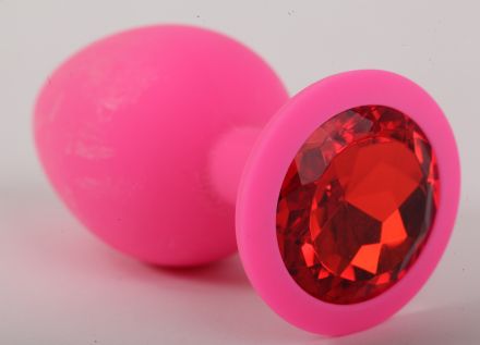 Анальная пробка Silicone Pink Large с алым кристаллом