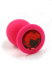 Розовая анальная пробка Silicone Large с красным кристаллом